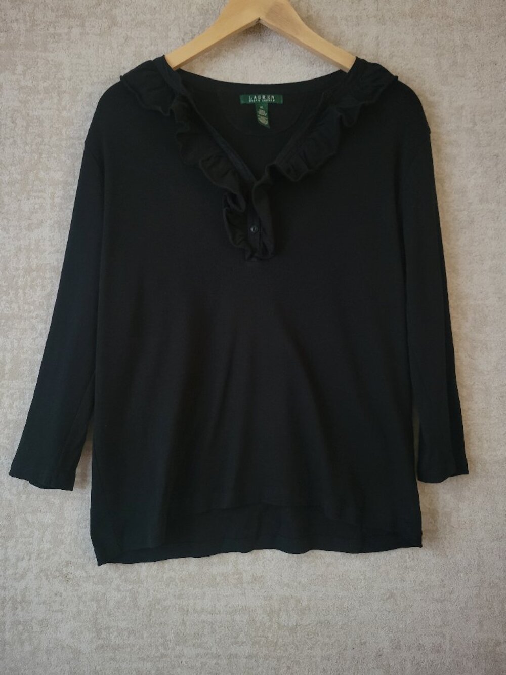 Ralph Lauren Black Cascade Ruffle Top XL Gothic Whimsigoth Romancore Old Money